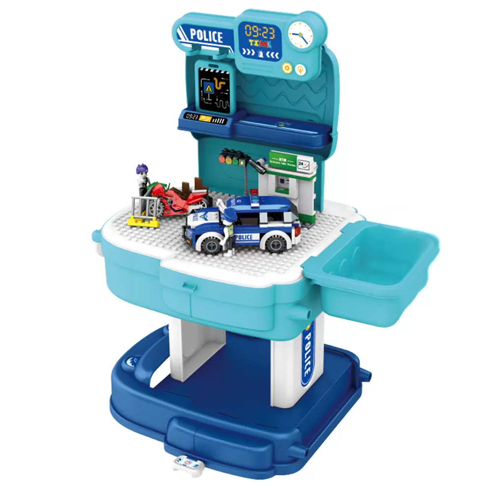 Little Story Role Play Police Station with Police Car And Block Toy Set School Bag 219 Pcs Blue 2 IN 1 Mode UAE Yallamums